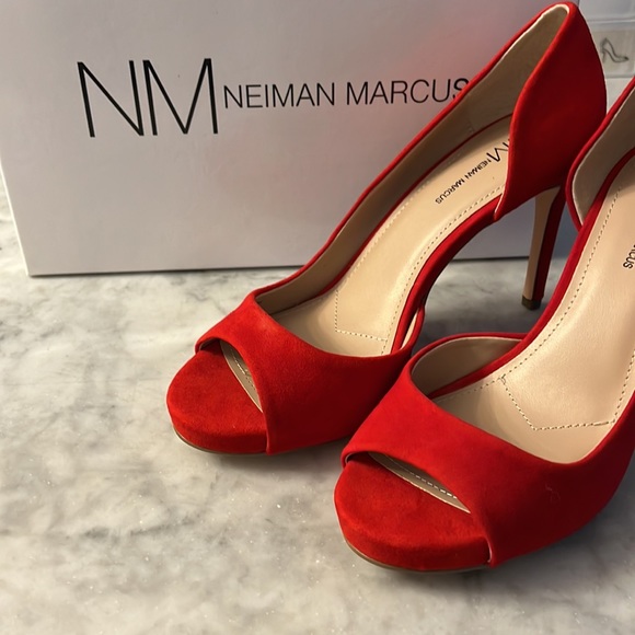 Neiman Marcus red suede sandal heels
